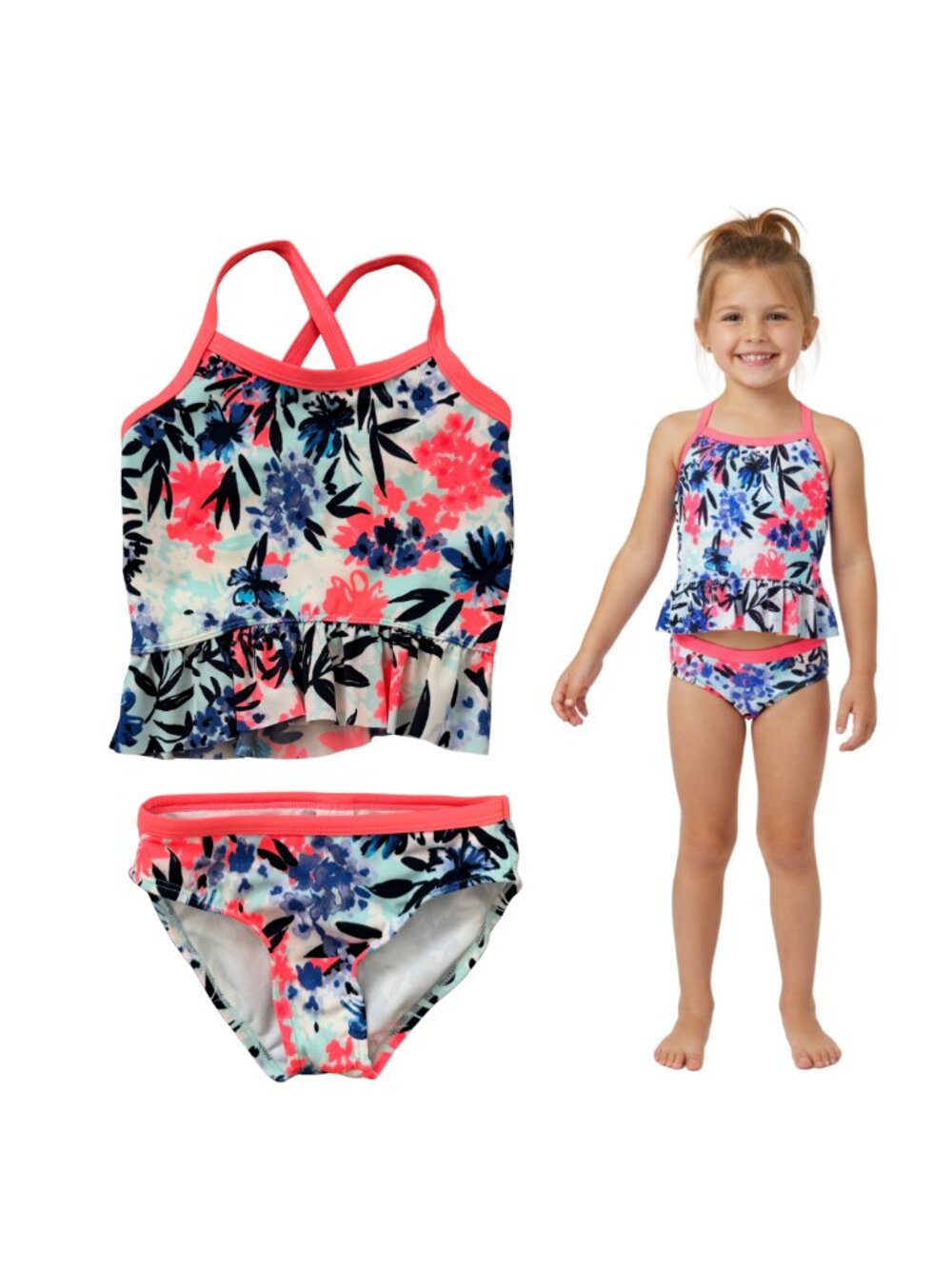 Gymboree Bikini Girls Small 5-6 Swimsuit Two Piece Ruffled Flowers Neon Pink